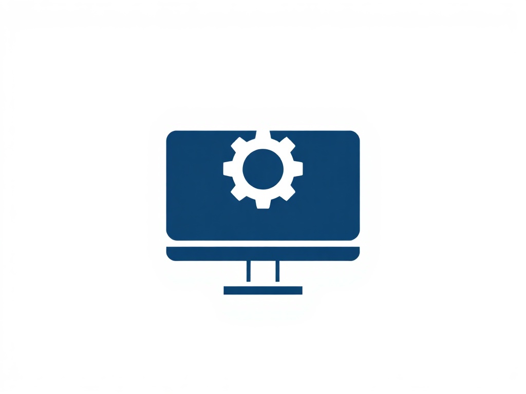 Minimalist flat vector logo mark combining a monitor shape and a gear icon, clean lines, dark blue and white color scheme, transparent background, scalable for web use.